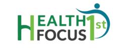 Health 1st Focus logo featuring a dynamic human figure and bold text.