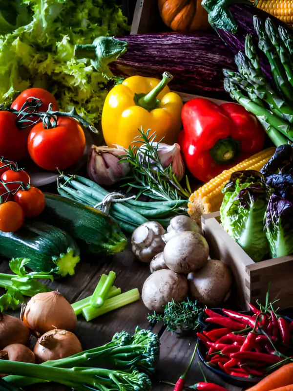 Assortment of fresh vegetables on wooden table for HealthFirstFocus nutrition section.