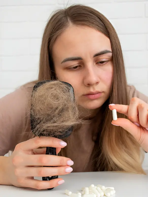 Person holding a hairbrush with hair and supplements for HealthFirstFocus Hair Fall category.